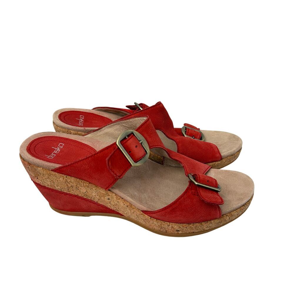 Dansko Sandals Womens Size 8 Carla Red Leather Wedge Cork Buckle 38